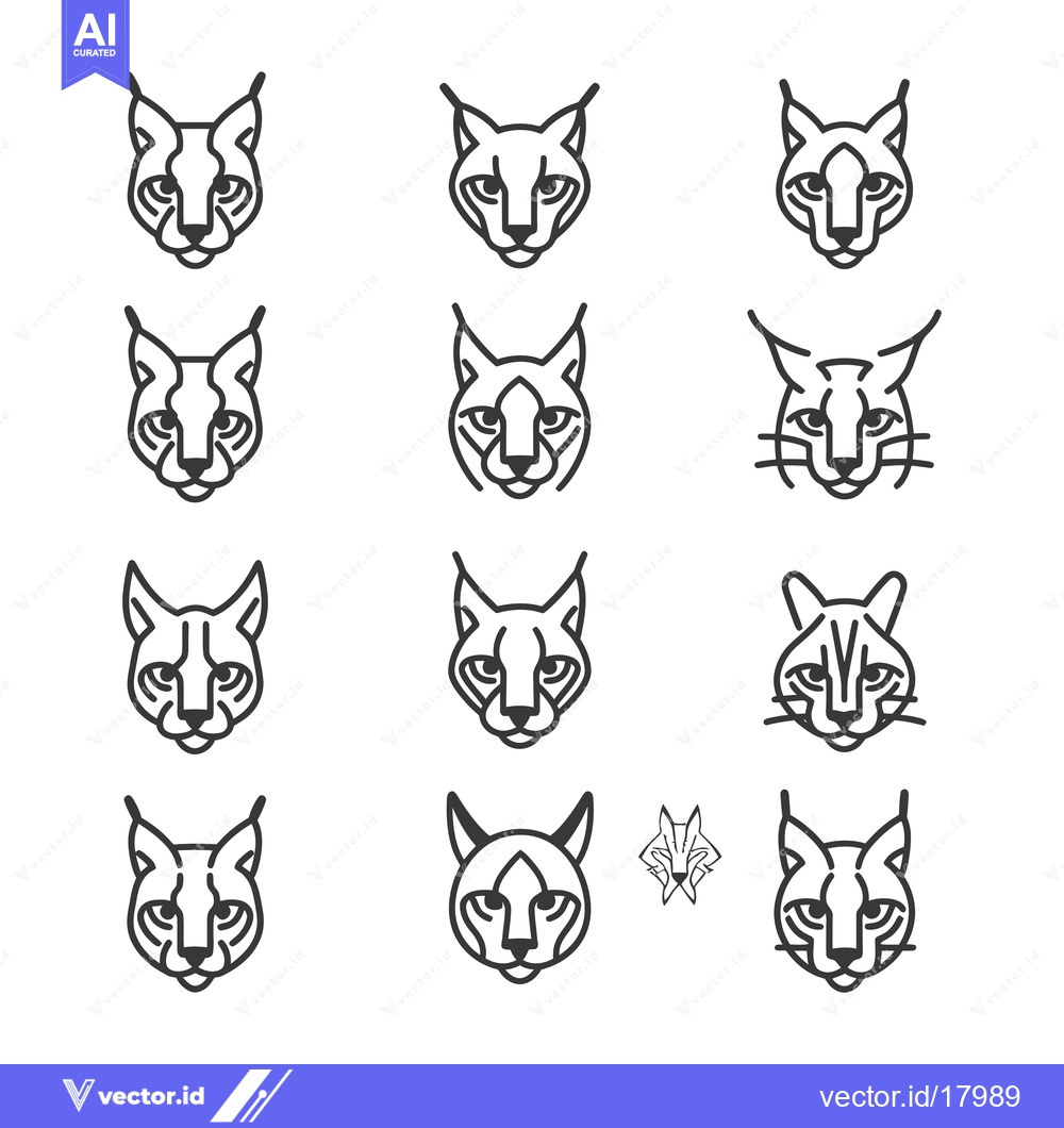 Premium Vector dari A Set of 12 Outline Lynx Face Illustrations