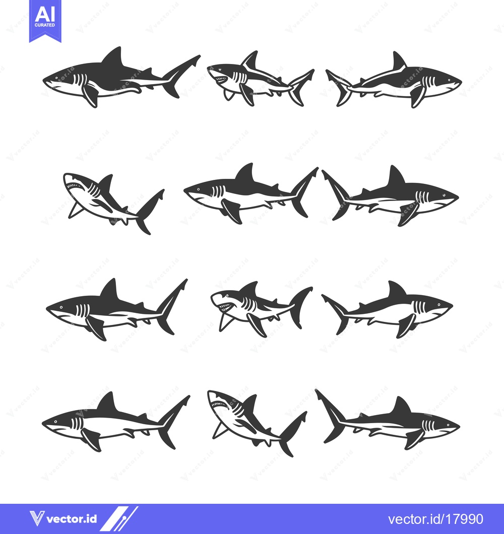 Premium Vector of A Set of 12 Silhouettes of Sharks in Various Swimming Positions