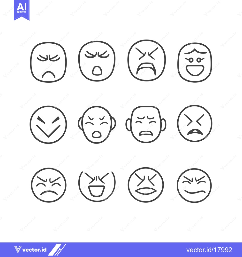 Premium Vector dari A Set of 12 Simple Line Drawn Emojis Expressing Different Emotions