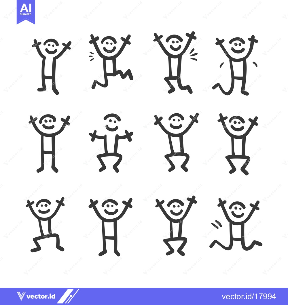 Premium Vector dari A Set of 12 Simple Stick Figure Drawings Depicting Happy People in Var