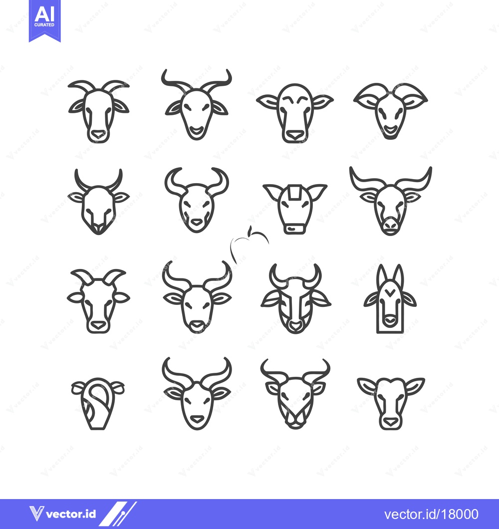 Premium Vector dari A Set of 14 Outline Illustrations of Cow, Goat, and Bull Heads
