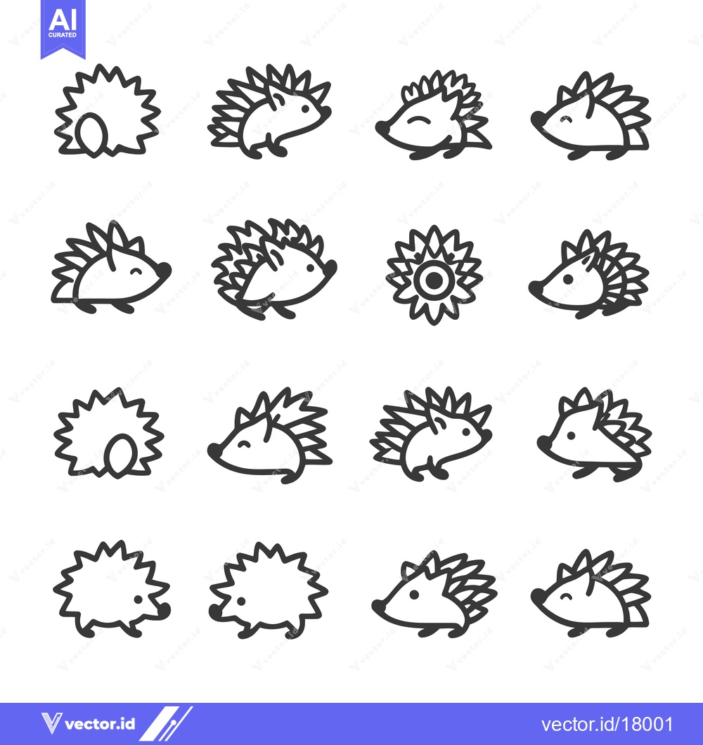 Premium Vector dari A Set of 14 Simple Line Drawings of Hedgehogs