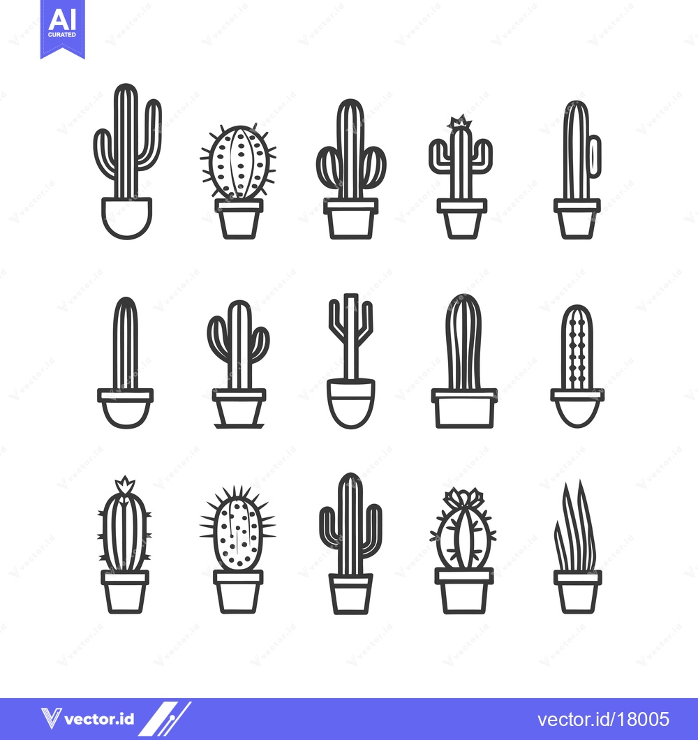 Premium Vector dari A Set of 15 Different Cactus Line Drawings in Pots