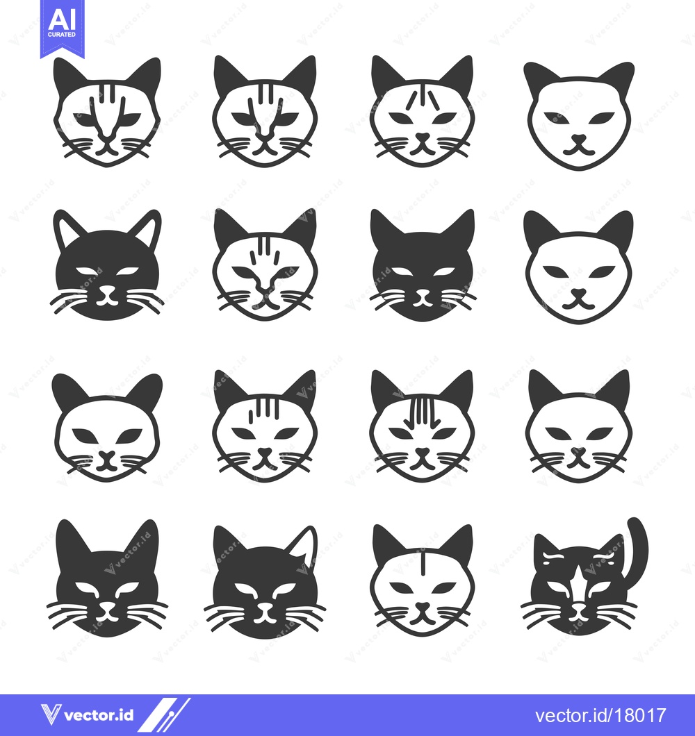 Premium Vector dari A Set of 16 Black and White Cat Face Icons