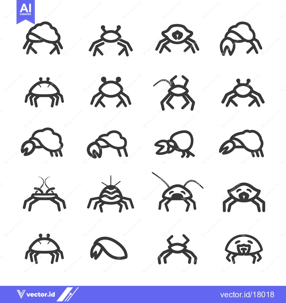 Premium Vector dari A Set of 16 Black and White Crab Line Icons