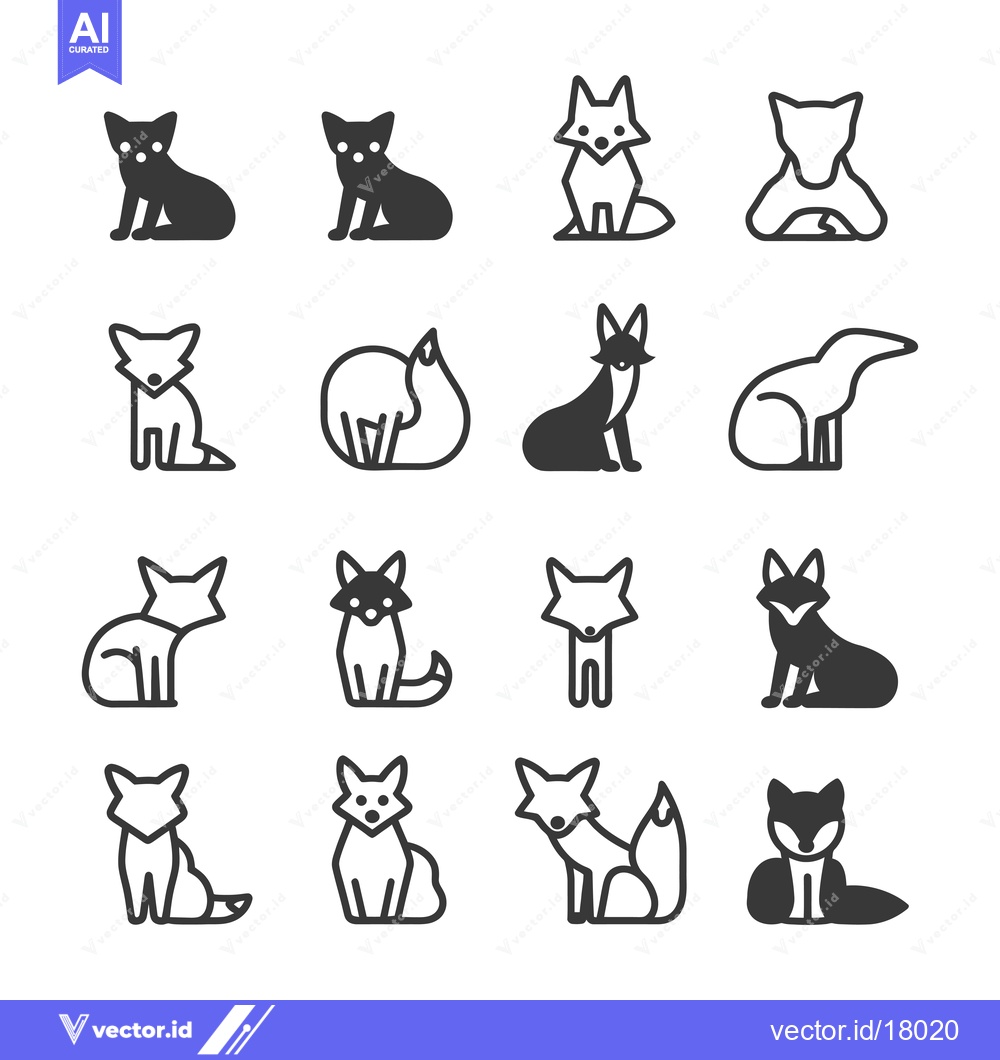 Premium Vector of A Set of 16 Black and White Fox Icons in Various Poses
