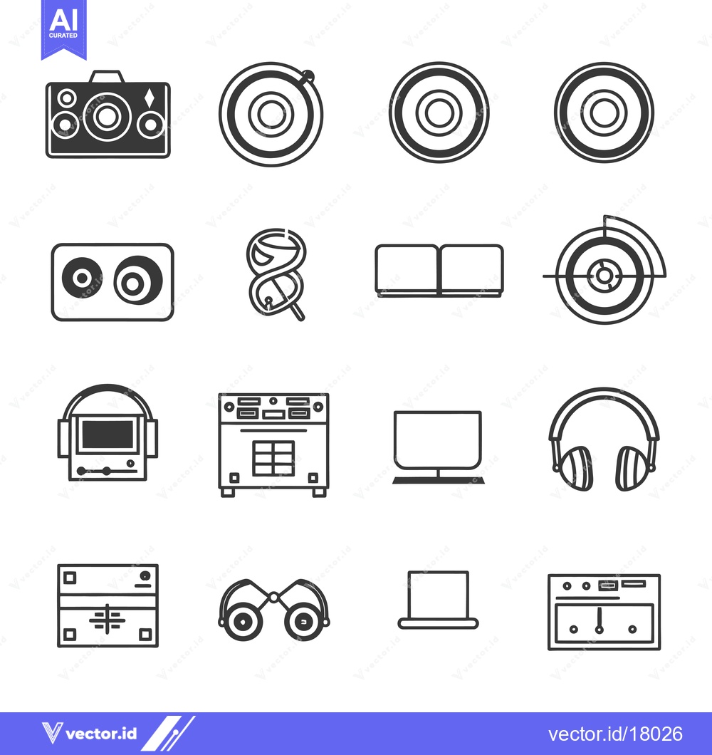Premium Vector of A Set of 16 Black and White Icons Related to Music and Audio