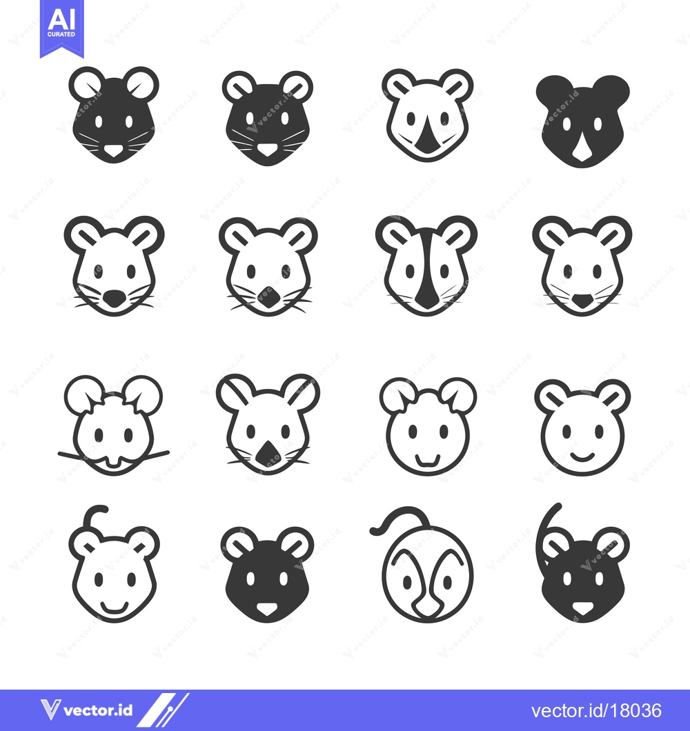 Premium Vector dari A set of 16 black and white mouse head icons in various styles