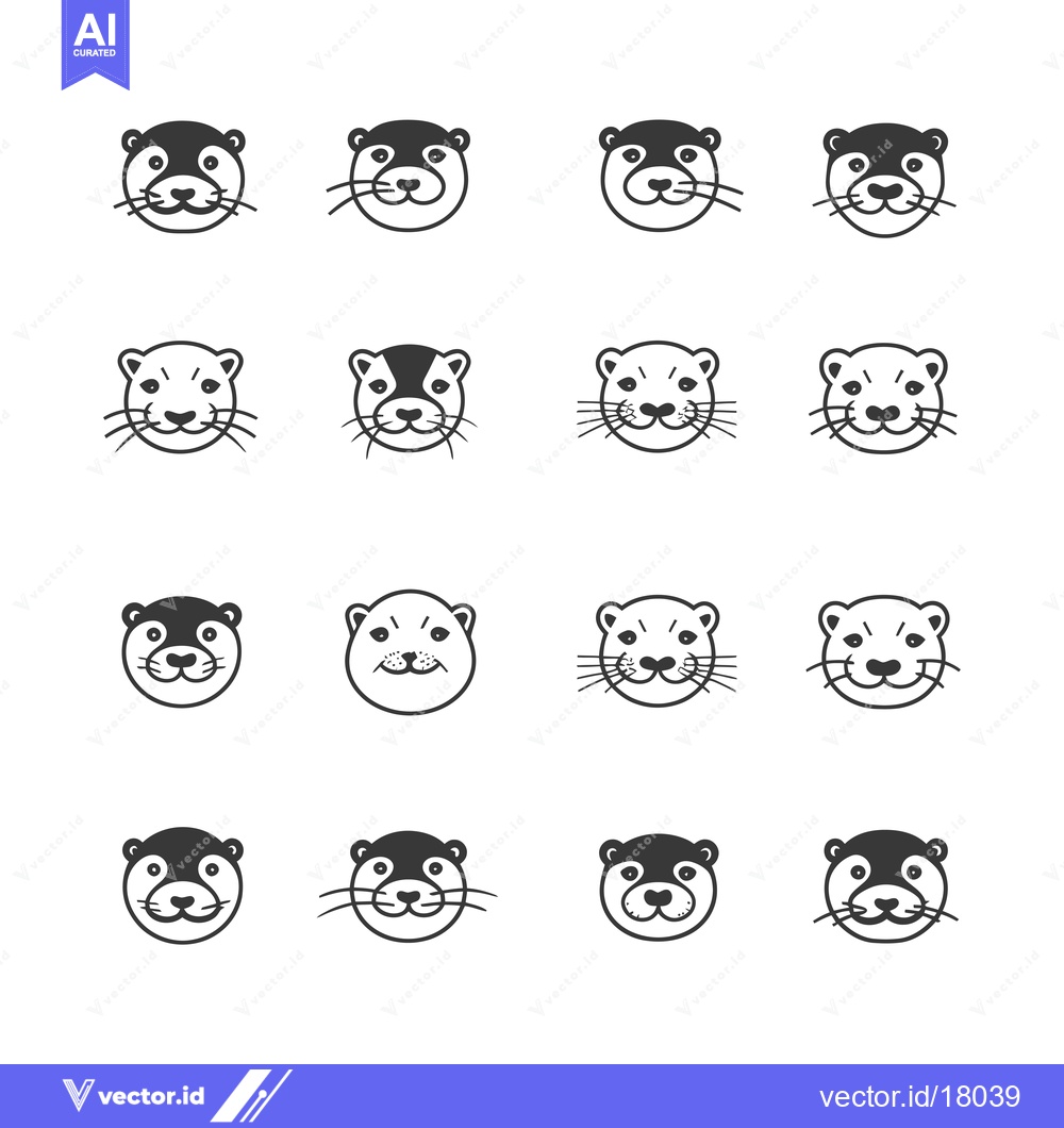Premium Vector dari A set of 16 black and white otter head illustrations