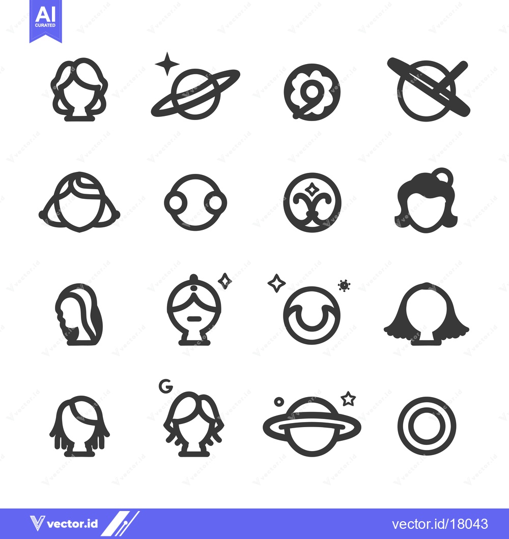 Premium Vector of A Set of 16 Black and White Outline Icons Depicting Women and Celestia