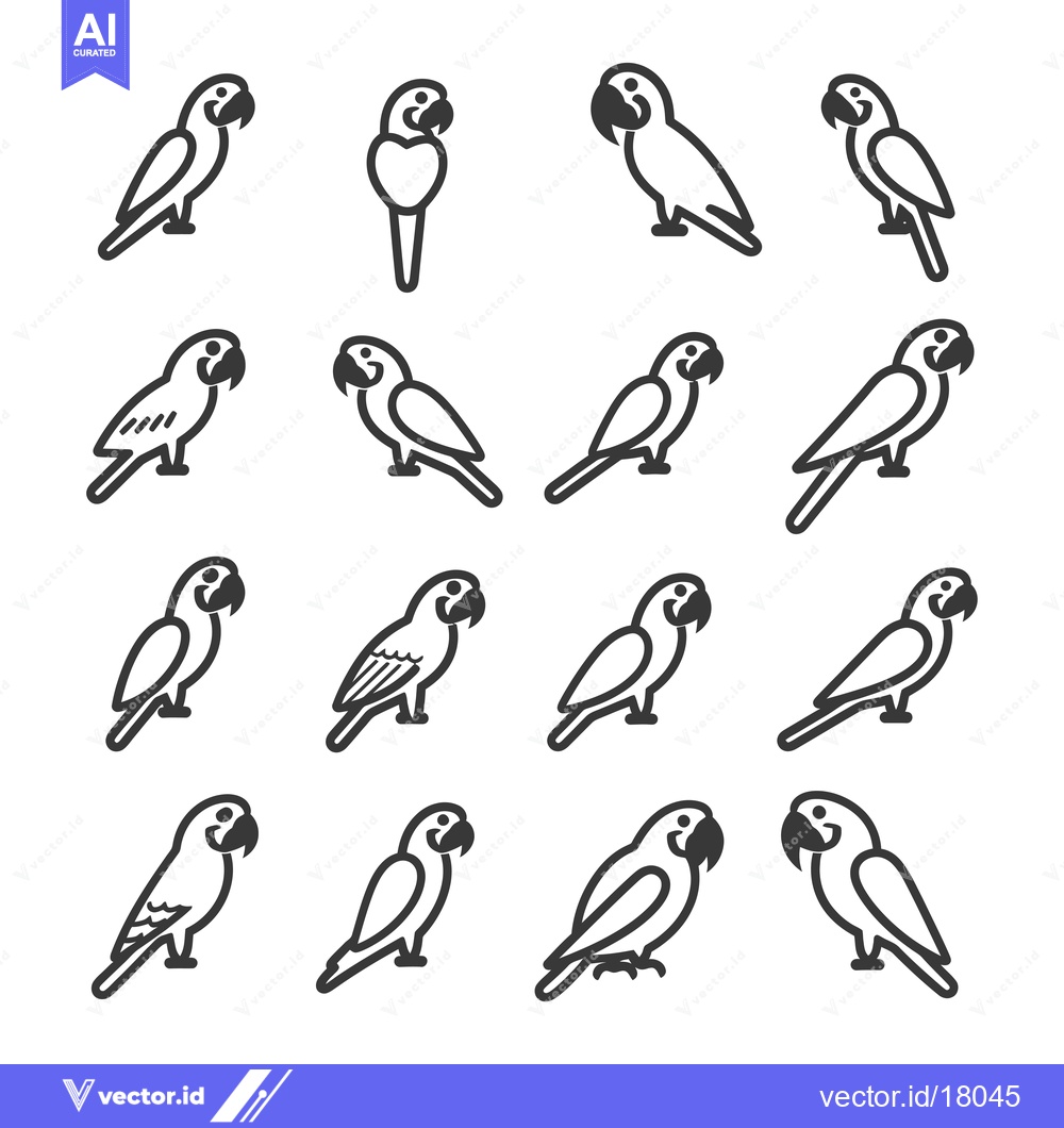 Premium Vector dari A Set of 16 Black and White Parrot Icons in Various Poses