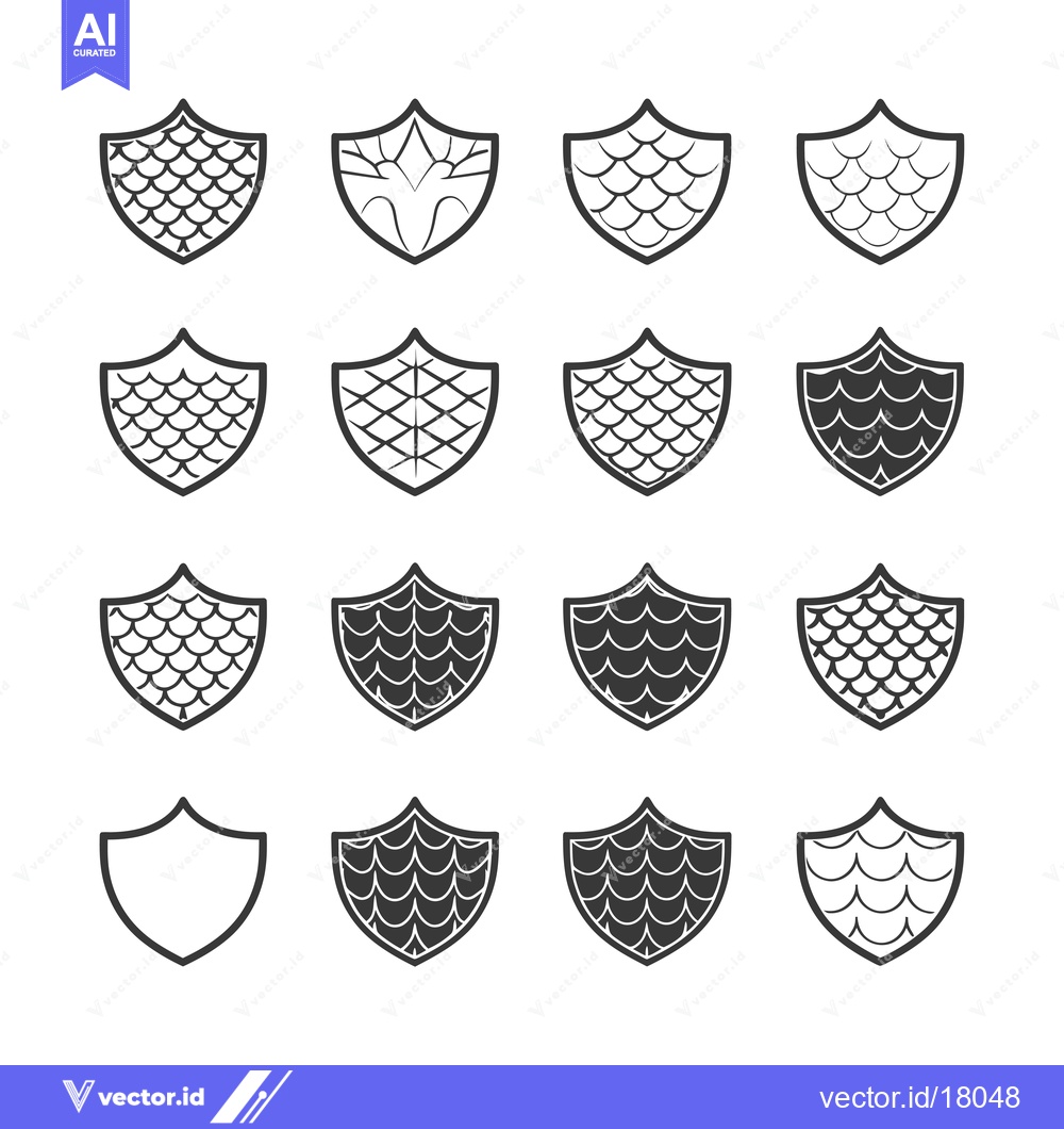Premium Vector dari A Set of 16 Black and White Shield Icons with Scaly Designs