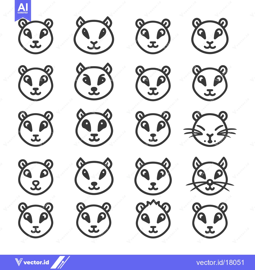 Premium Vector dari A Set of 16 Black and White Squirrel Face Outline Illustrations