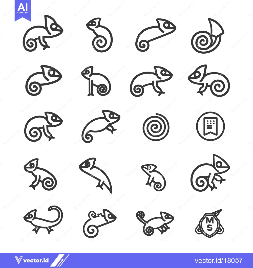Premium Vector of A Set of 16 Chameleon Line Icons in Various Poses