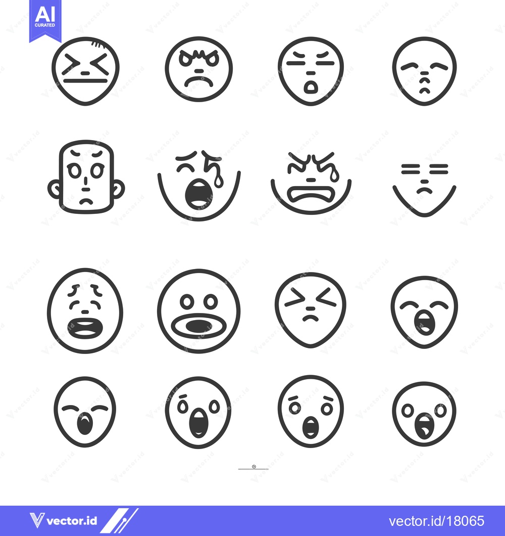 Premium Vector dari A Set of 16 Different Facial Expressions in Black Line Art