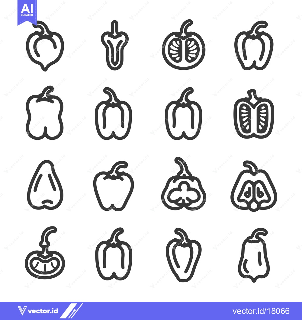 Premium Vector dari A set of 16 different line drawings of bell peppers, whole and halved