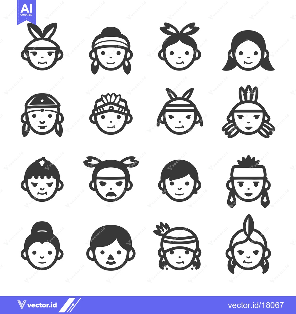 Premium Vector dari A Set of 16 Diverse Native American Icons with Different Hairstyles an