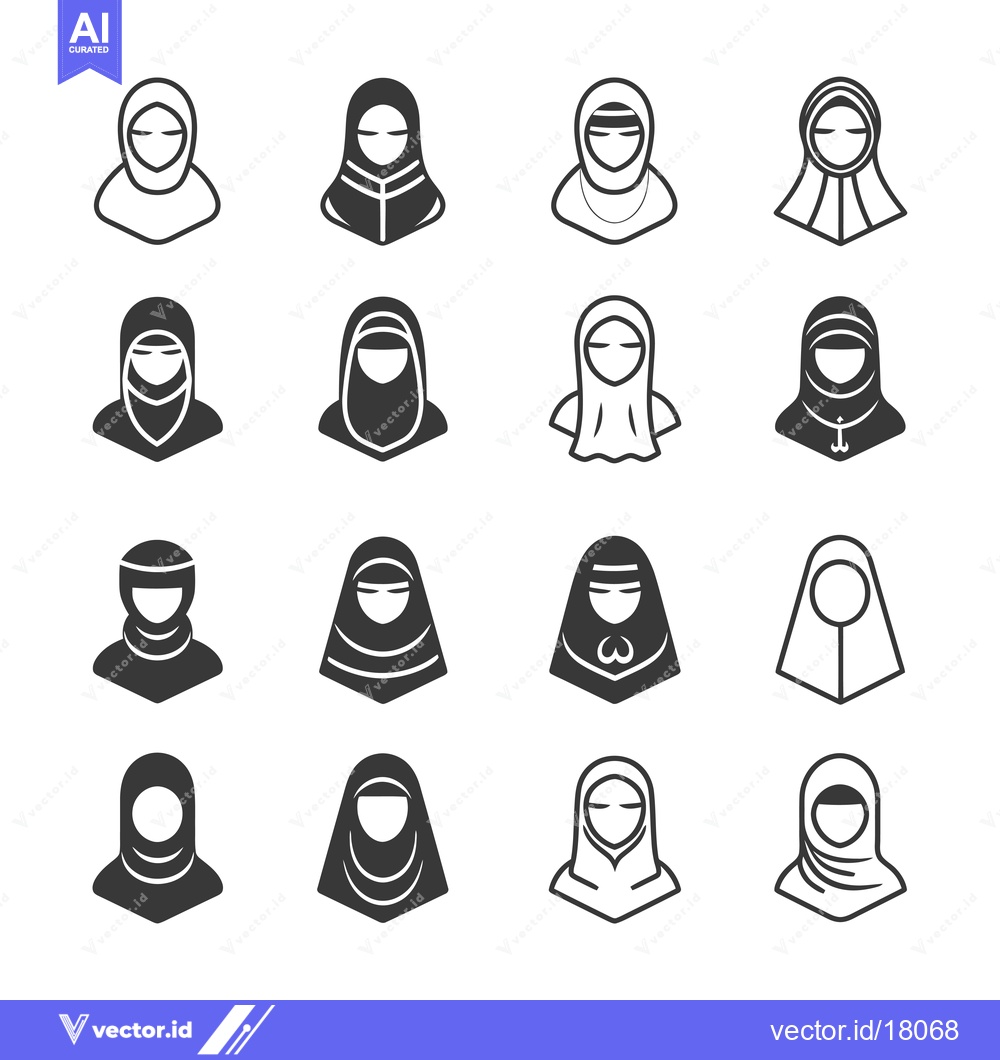 Premium Vector of A Set of 16 Diverse Women Wearing Hijabs