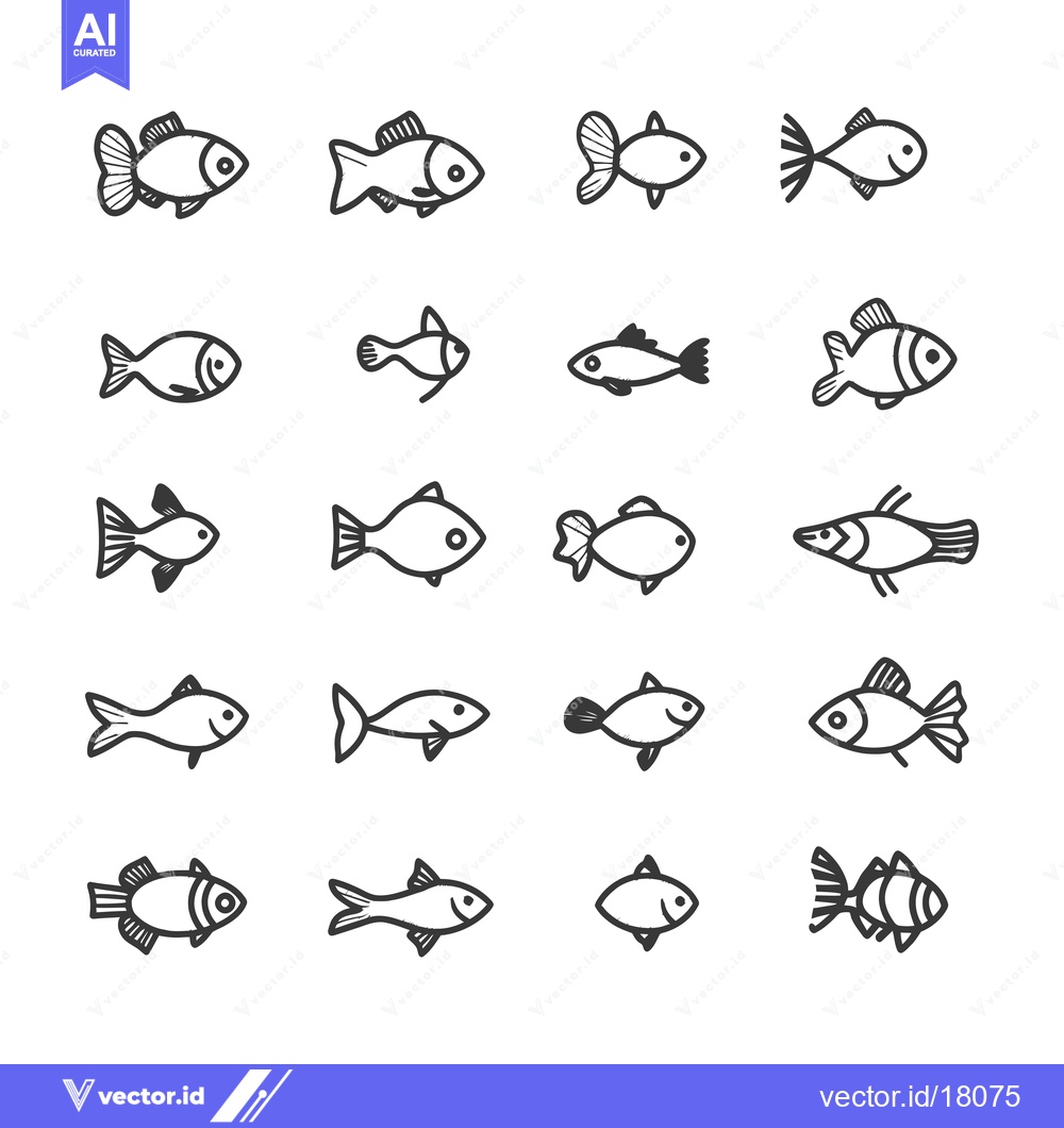 Premium Vector dari A Set of 16 Hand Drawn Fish Illustrations in Black Line Art Style