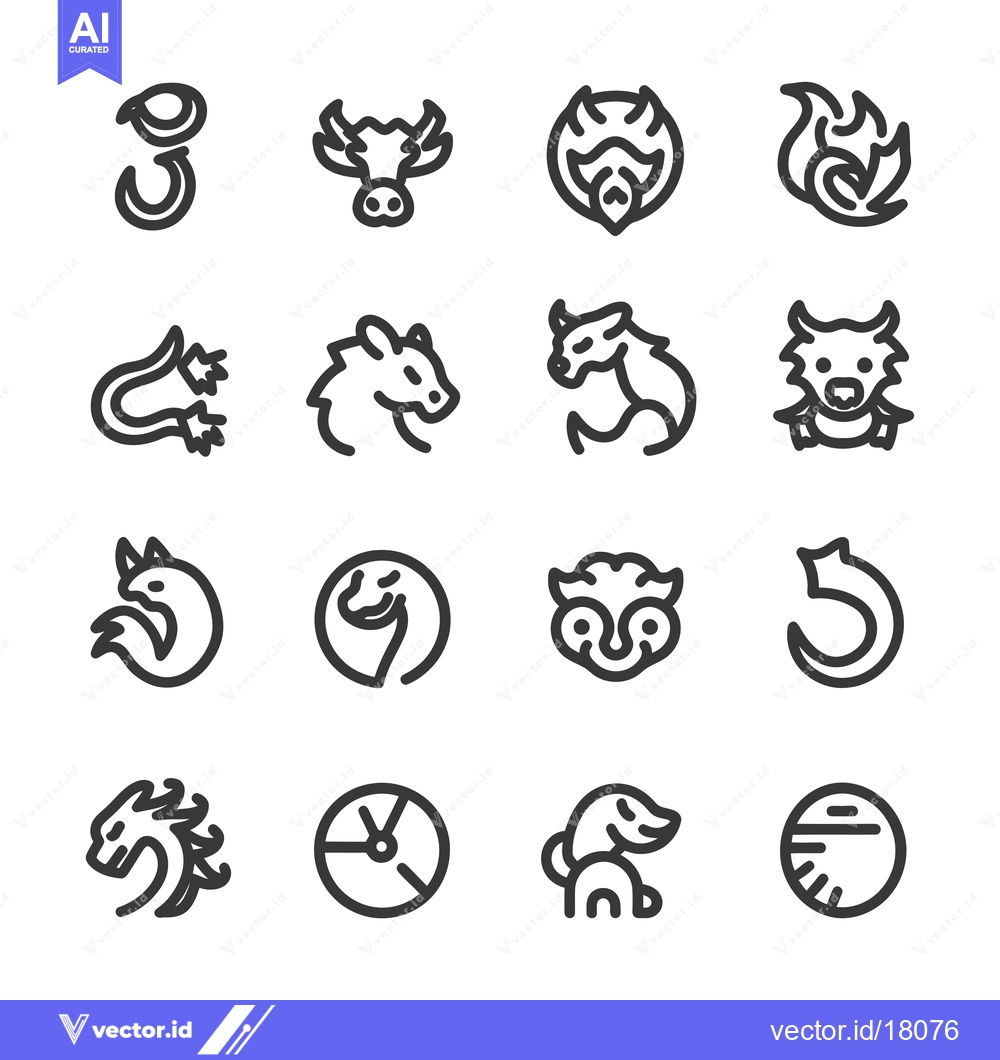 Premium Vector of A Set of 16 Hand-Drawn Line Icons Representing Zodiac Animals