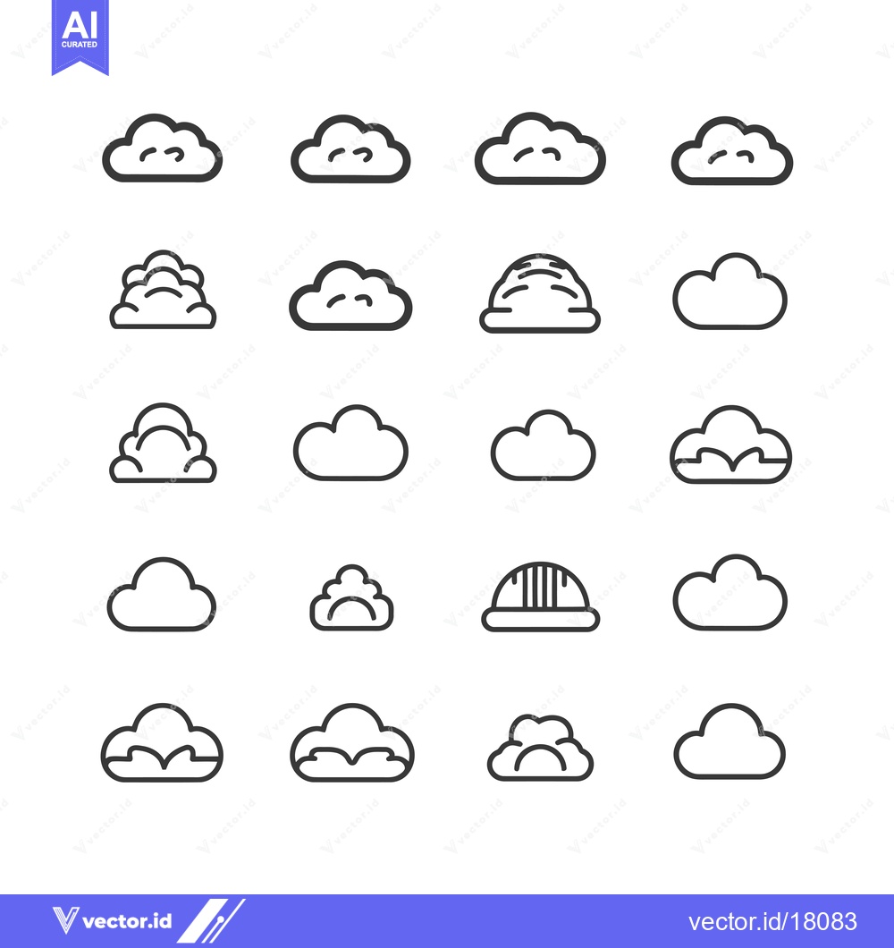 Premium Vector dari A Set of 16 Line Art Cloud Icons with Different Shapes and Variations