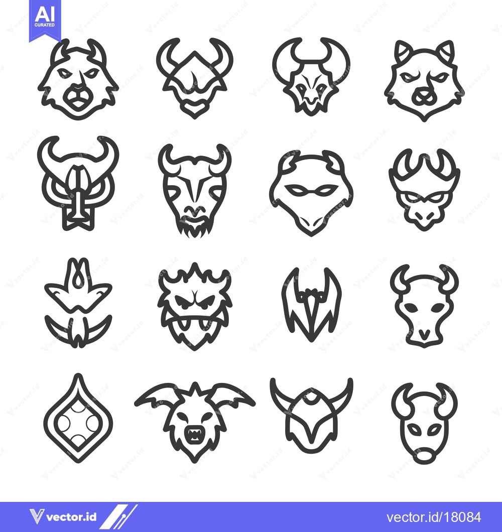 Premium Vector dari A Set of 16 Line Art Creature Head Icons