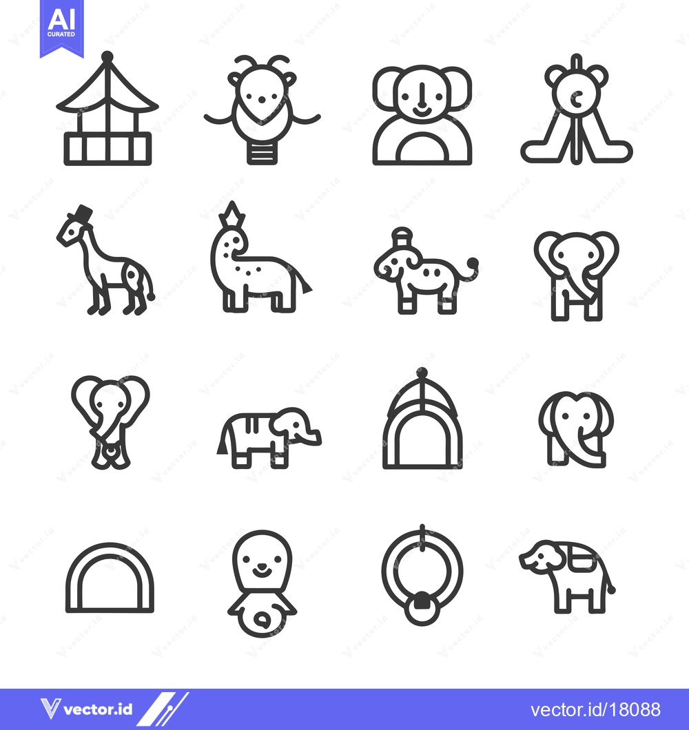Premium Vector dari A set of 16 line drawings depicting circus animals and attractions.