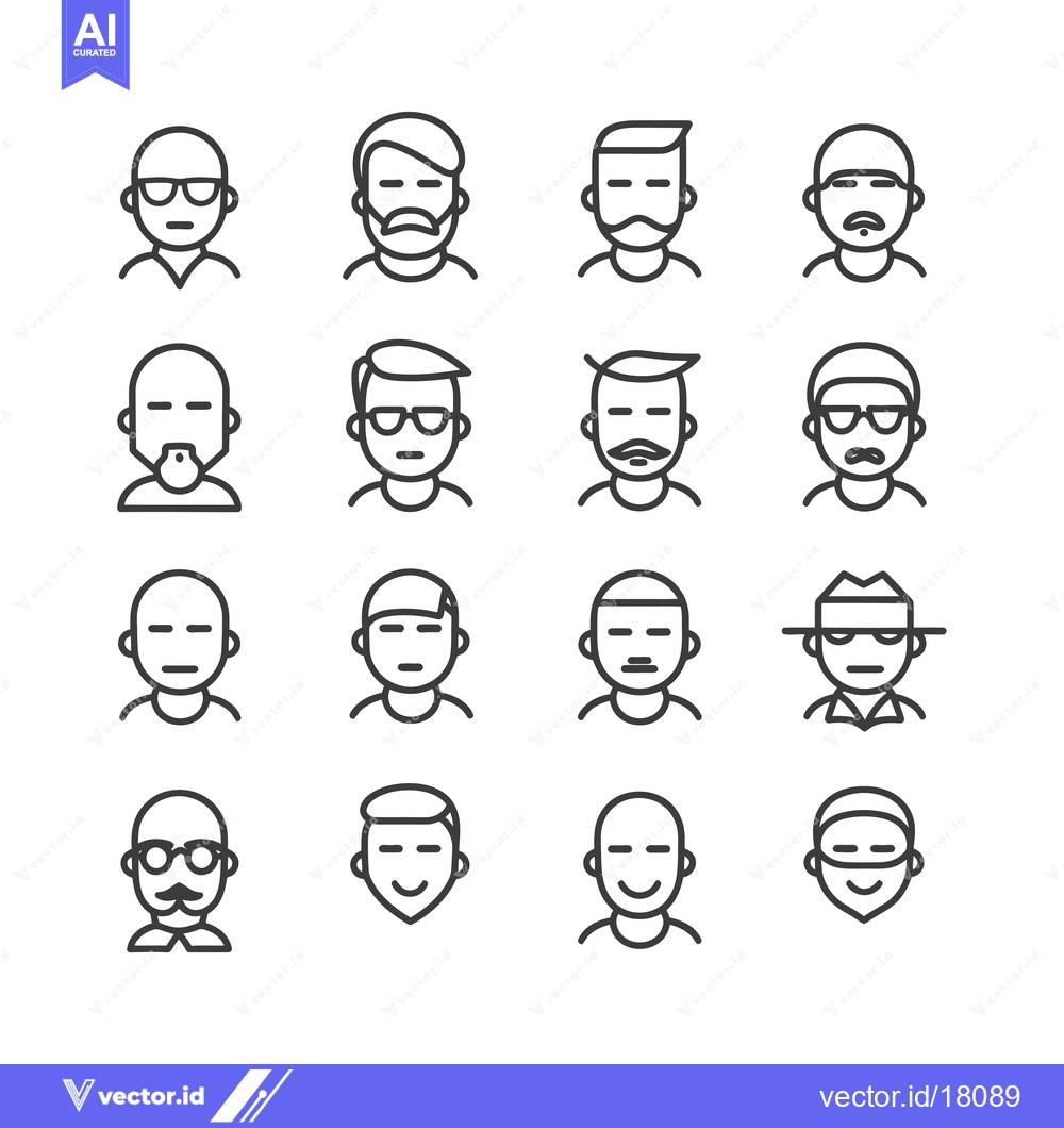 Premium Vector dari A Set of 16 Line Drawings Depicting Male Faces with Various Hairstyles