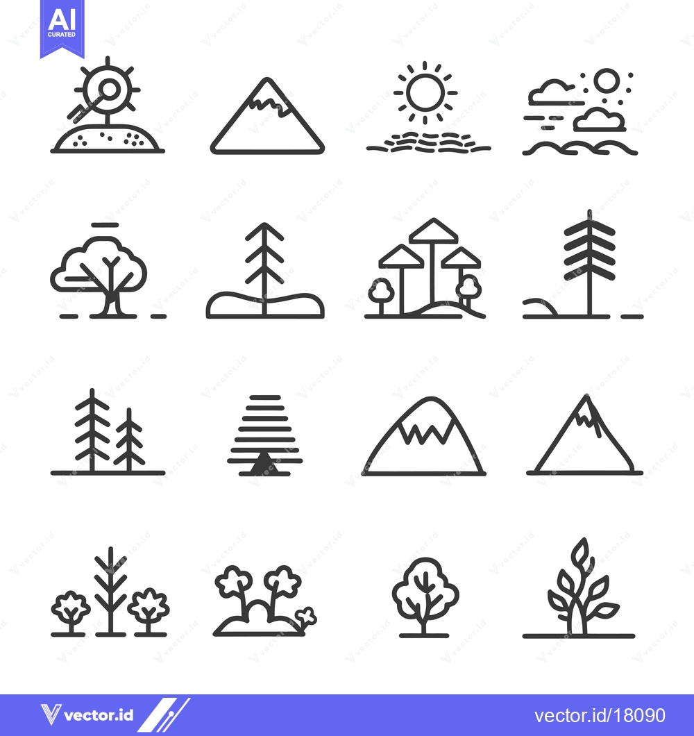 Premium Vector dari A Set of 16 Line Drawings Depicting Nature Elements