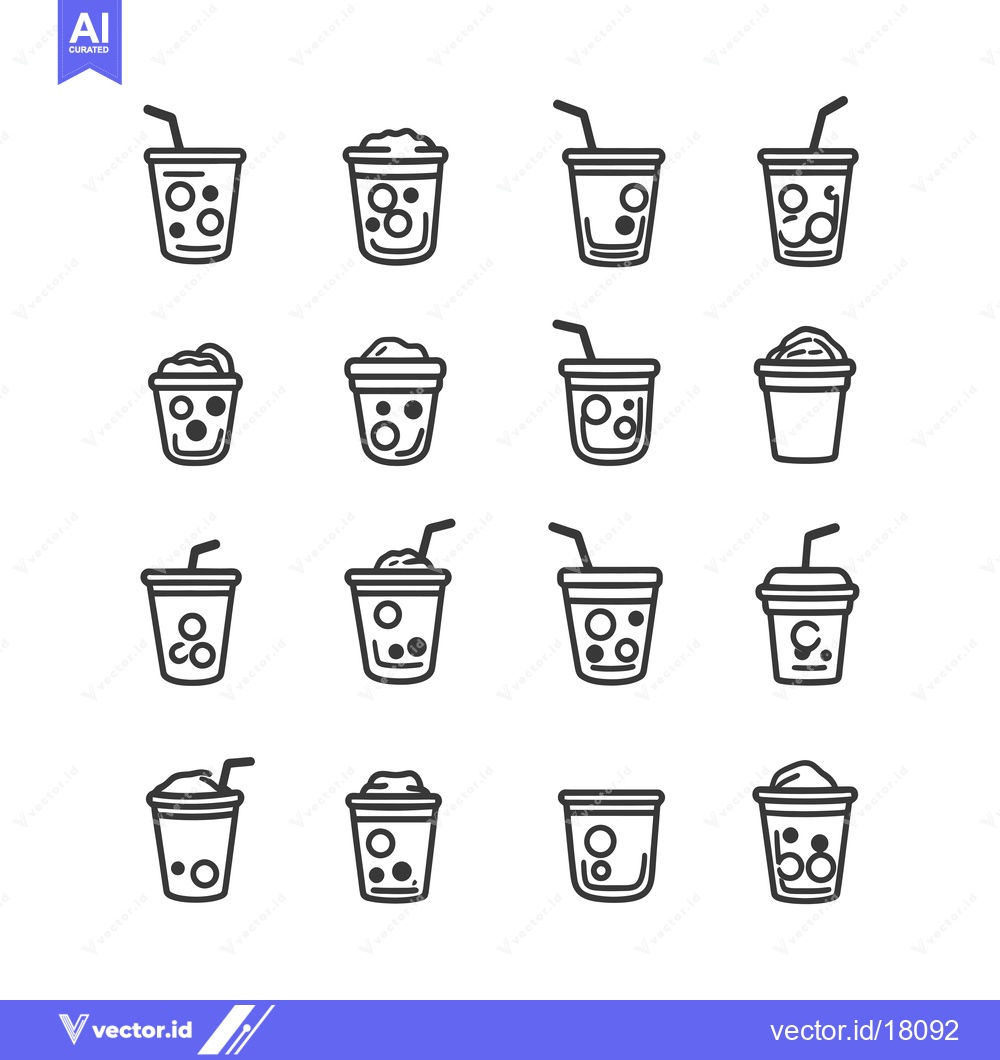 Premium Vector dari A Set of 16 Line Drawings of Bubble Tea Drinks