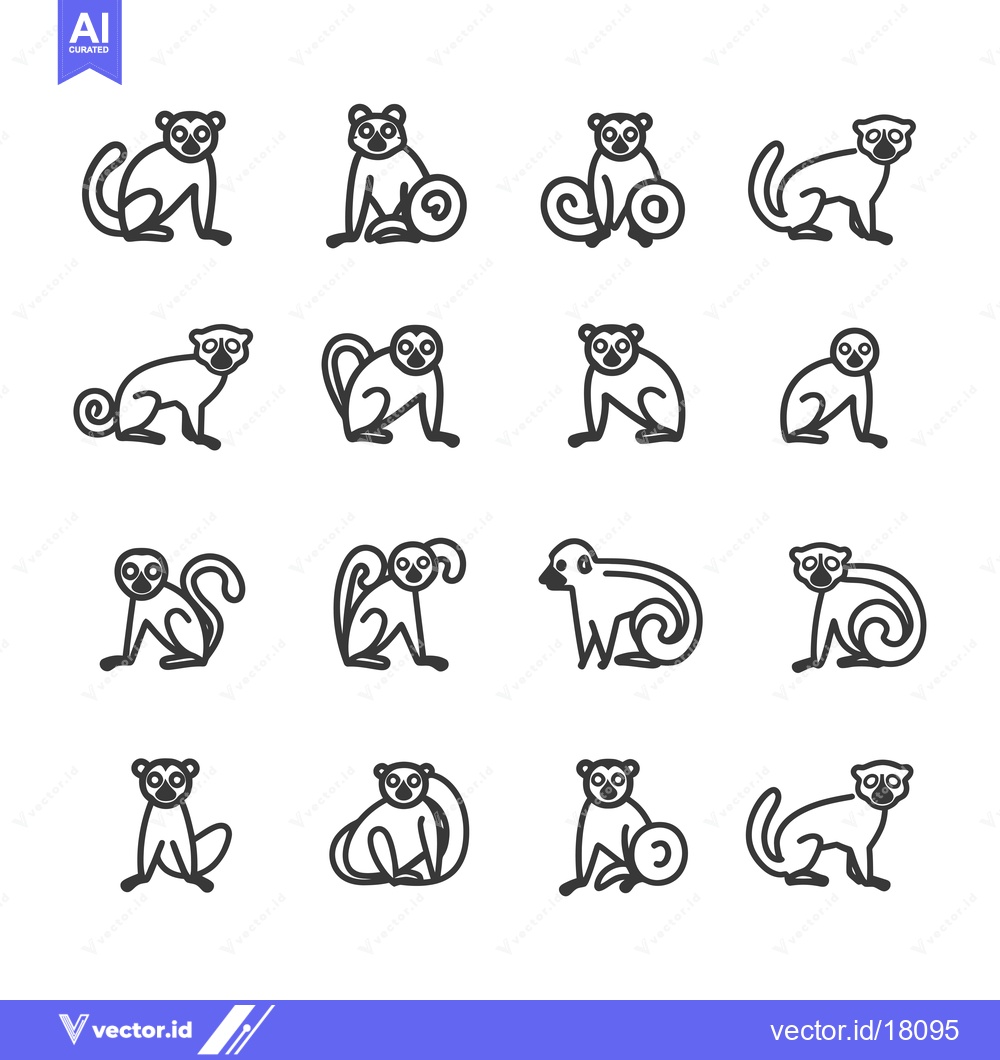 Premium Vector dari A Set of 16 Line Drawings of Lemurs in Various Poses