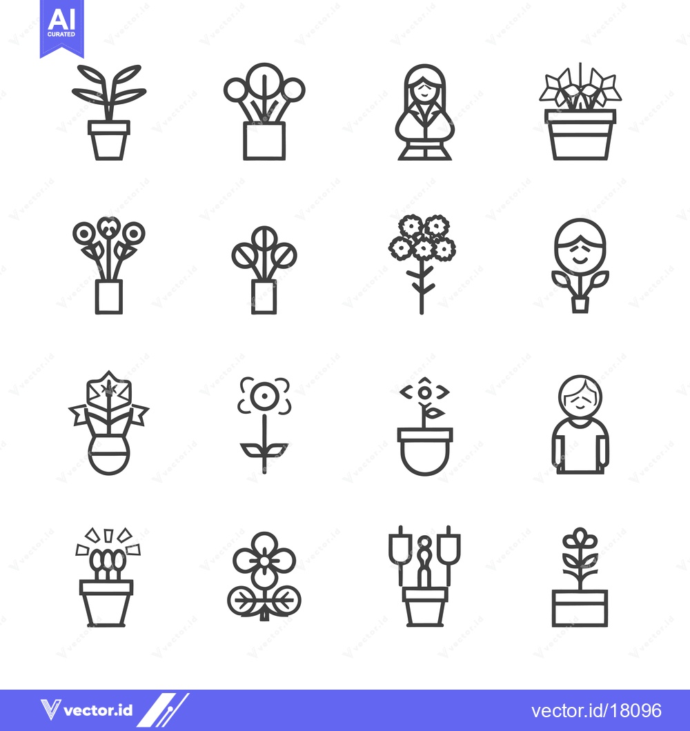 Premium Vector dari A Set of 16 Line Drawings of Potted Plants and Flowers