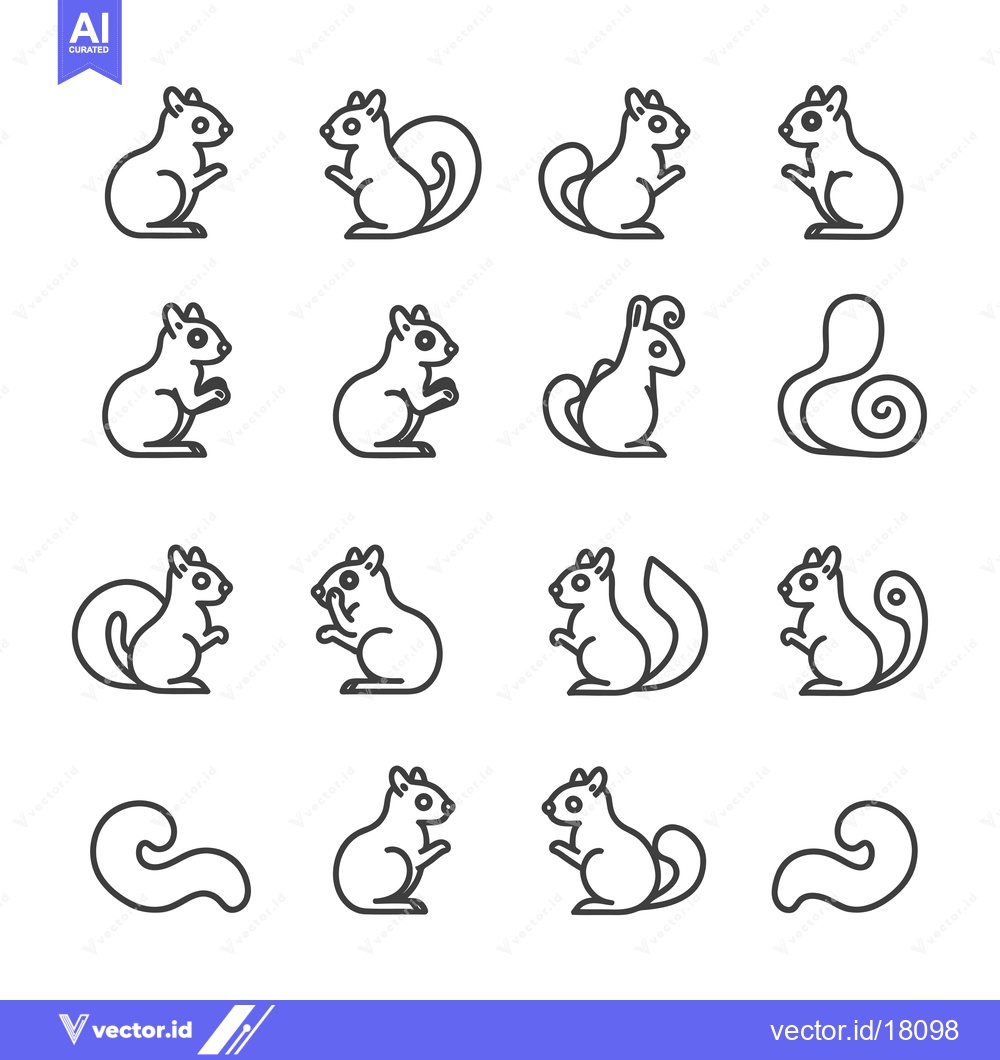 Premium Vector dari A Set of 16 Line Drawings of Squirrels and Tails
