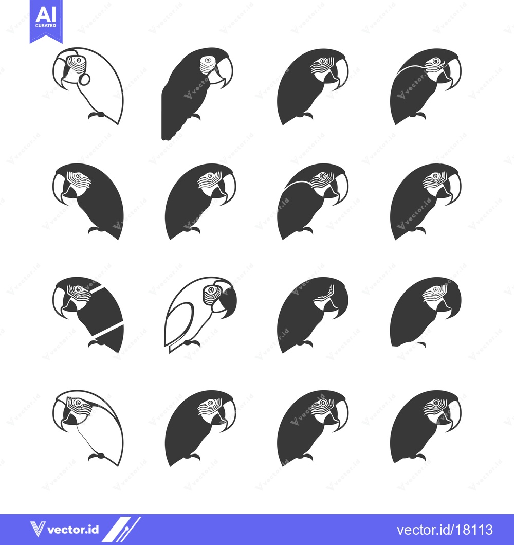 Premium Vector dari A Set of 16 Macaw Parrot Icons in Black and White