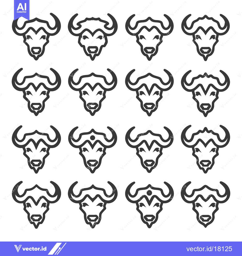 Premium Vector dari A Set of 16 Outline Illustrations of a Buffalo Head