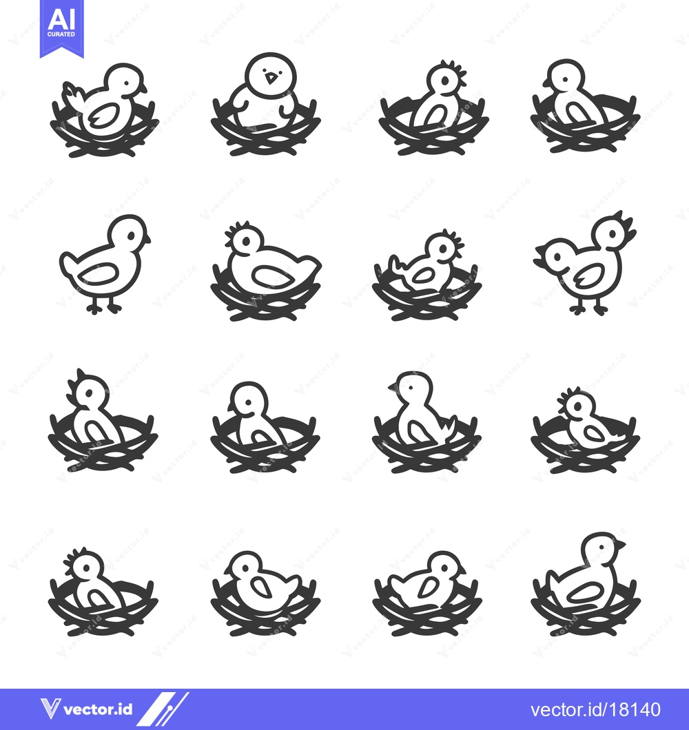 Premium Vector dari A Set of 16 Simple Line Drawings of Baby Birds in Nests