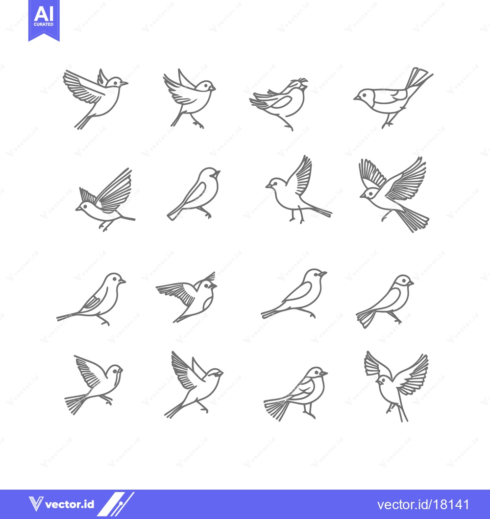 Premium Vector dari A Set of 16 Simple Line Drawings of Birds in Various Poses