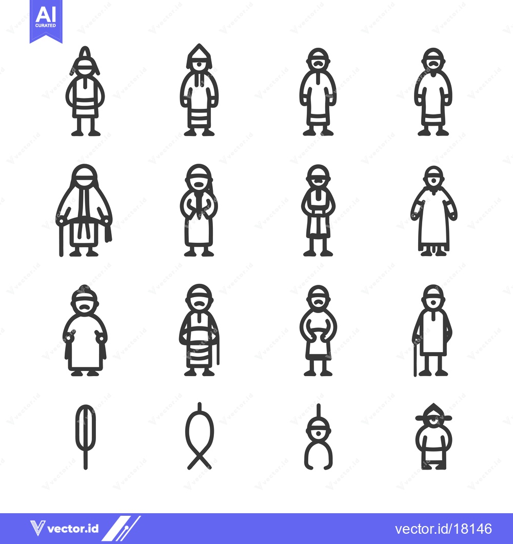 Premium Vector dari A Set of 16 Simple Line Icons Depicting Various People with Traditiona