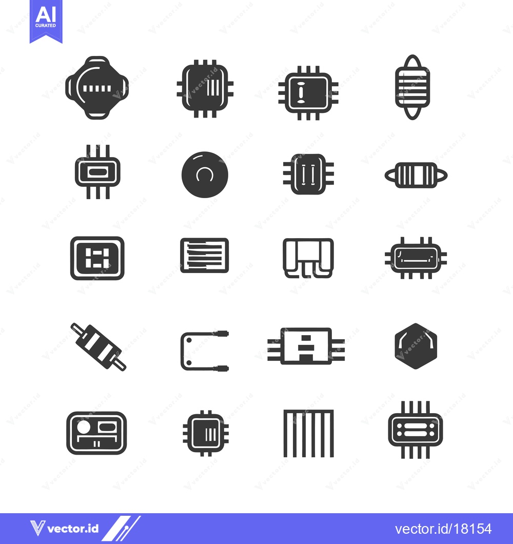 Premium Vector dari A Set of 18 Black and White Electronic Component Icons