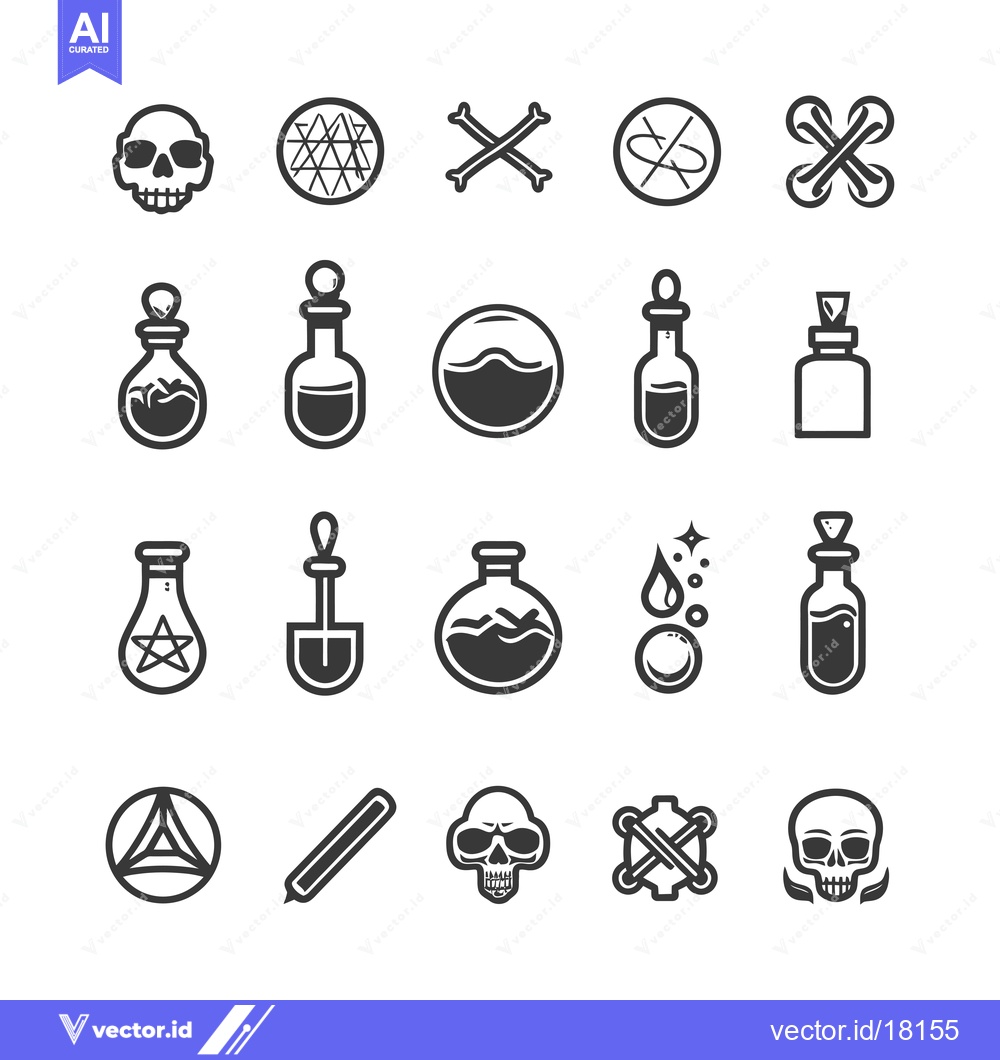 Premium Vector dari A Set of 18 Black and White Icons Depicting Potions, Skulls, and Bones