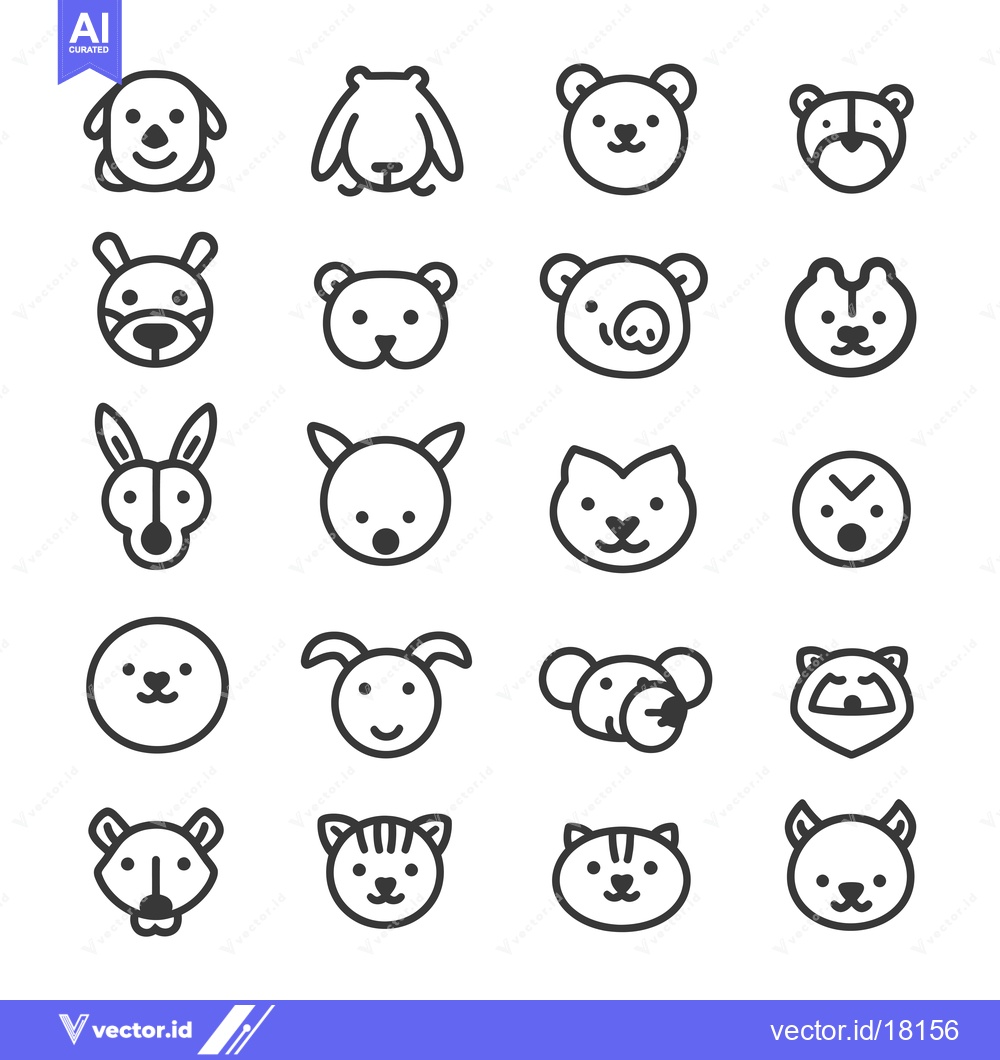 Premium Vector dari A Set of 18 Cute Animal Face Icons with Simple Line Art Style