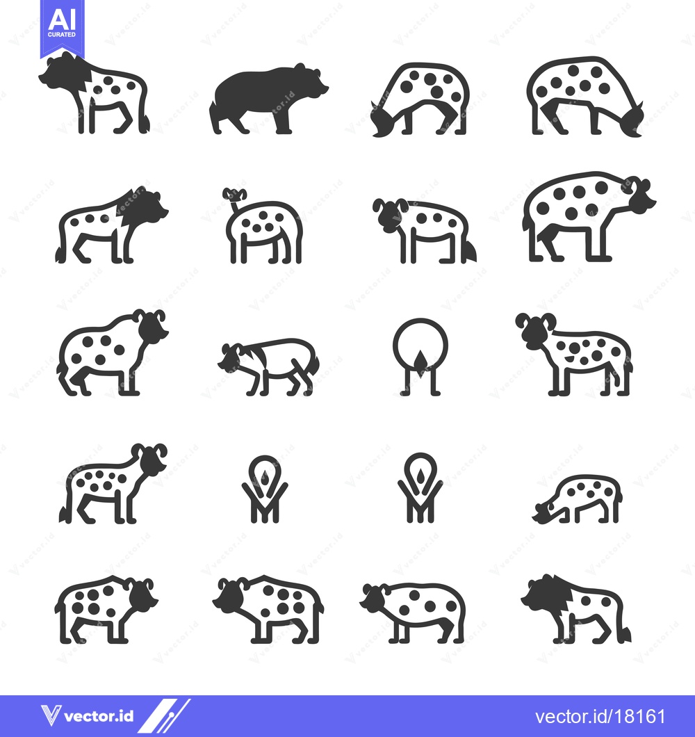 Premium Vector dari A Set of 19 Black and White Spotted Hyena Illustrations