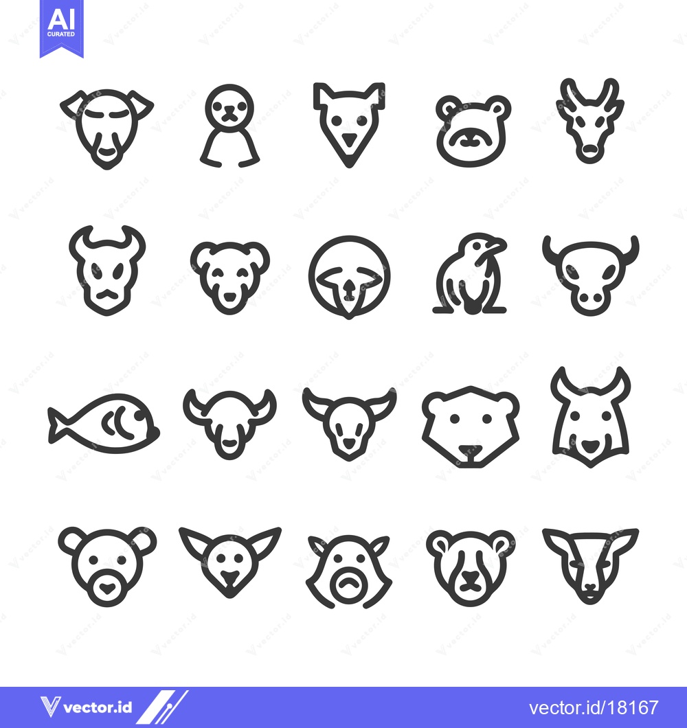 Premium Vector dari A Set of 20 Black and White Animal Head Line Icons