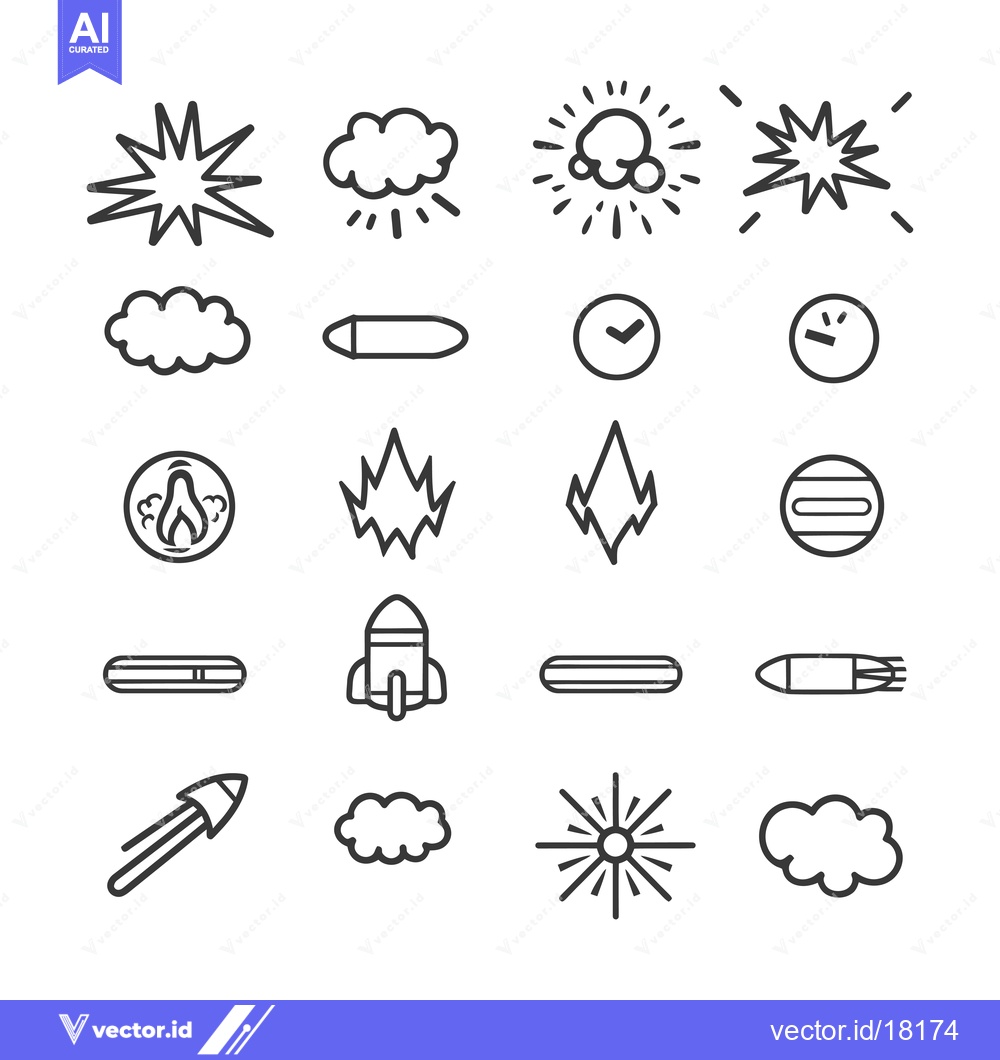 Premium Vector dari A Set of 20 Black and White Line Drawings of Explosions, Bullets, and