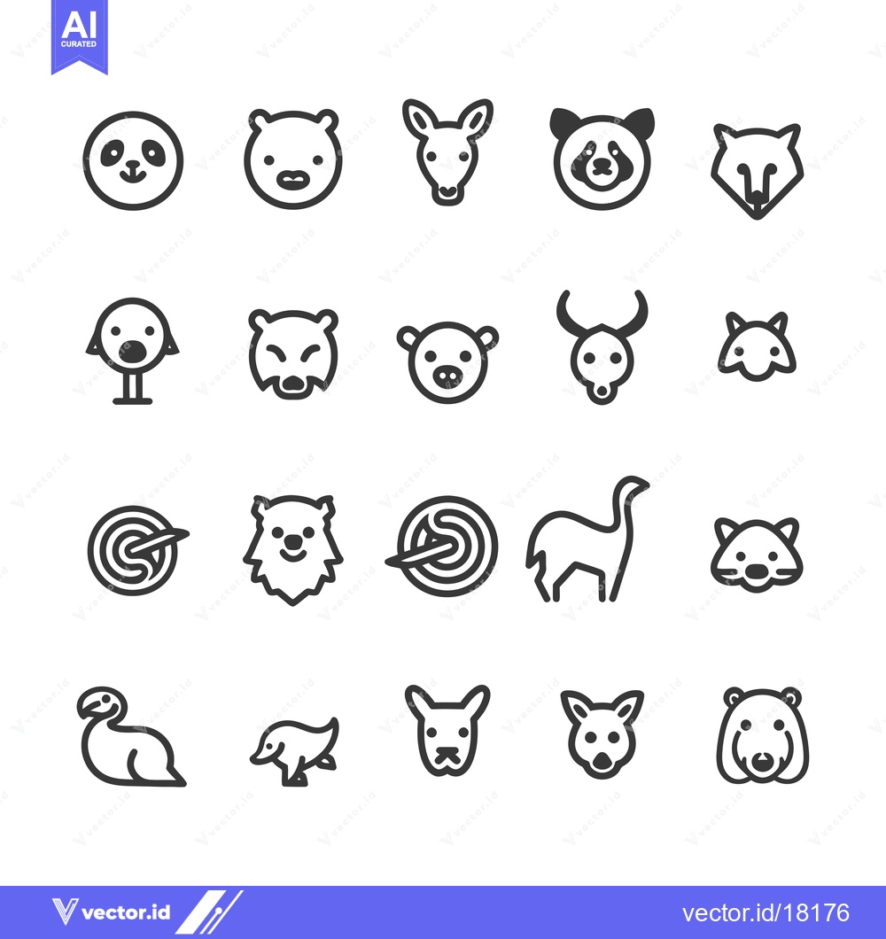 Premium Vector dari A Set of 20 Cartoon Animal Icons in Black and White