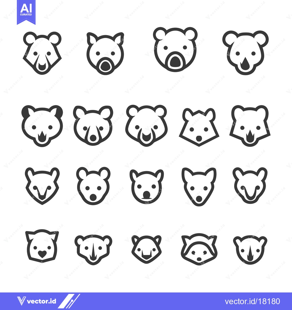 Premium Vector dari A Set of 20 Cute Animal Face Icons in Black and White