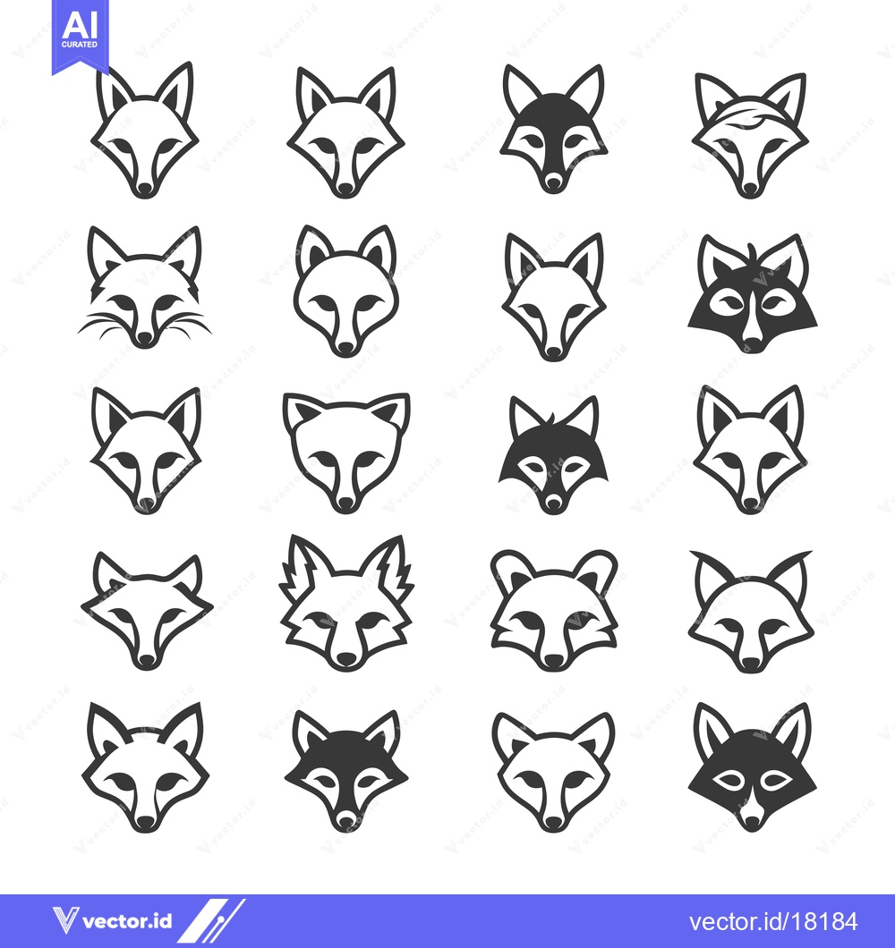 Premium Vector dari A Set of 20 Fox Head Icons in Black and White Outline Styles