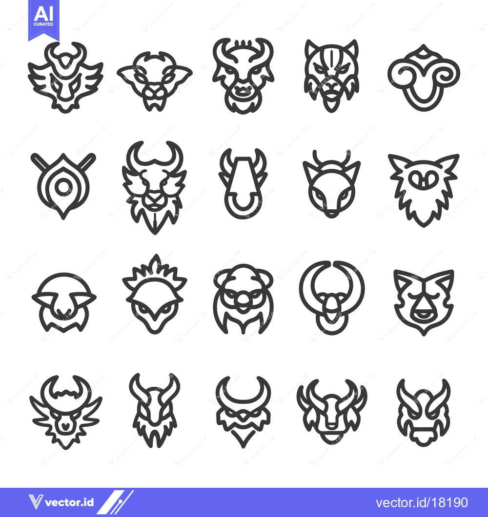 Premium Vector of A Set of 20 Line Art Animal Head Icons