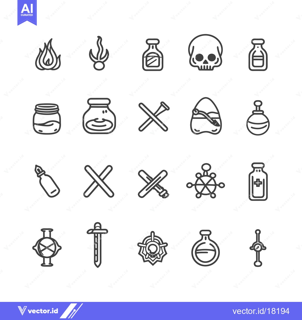 Premium Vector of A Set of 20 Line Art Icons Depicting Potion Bottles, Skull, and Other