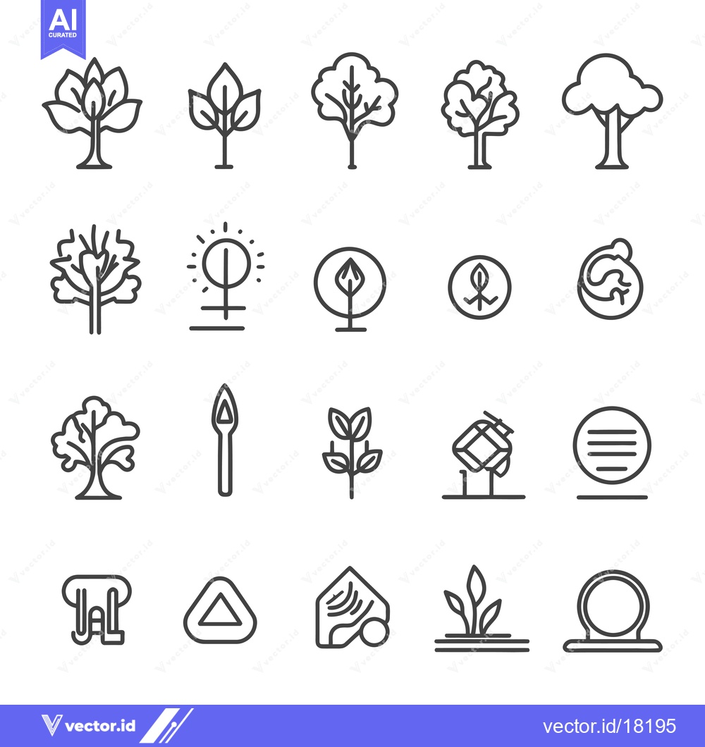 Premium Vector dari A Set of 20 Line Art Icons Depicting Trees and Plants